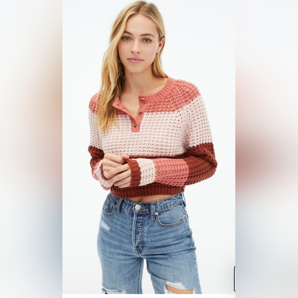 Aeropostale Pink and Brown Crew Neck Sweater